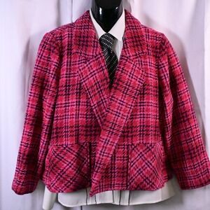 J Jill Pink Chenile Plaid Open Front Blazer Jacket Womens Large